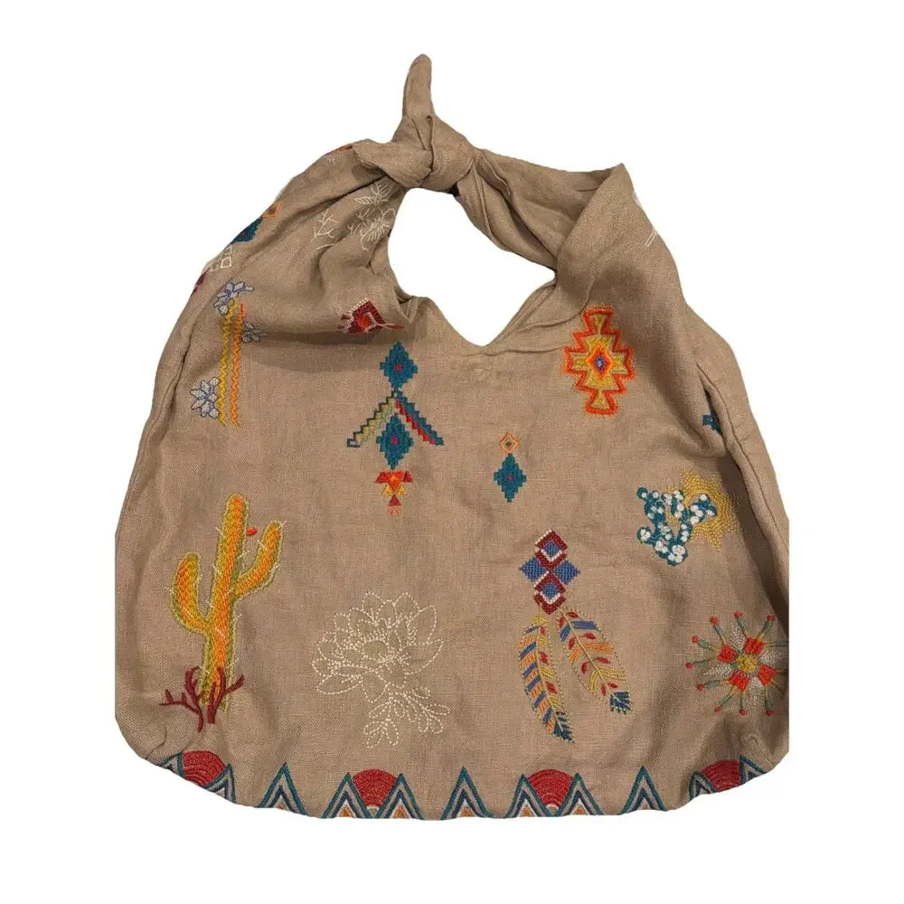 Johnny Was Los Angeles Hobo Bag Purse Linen Aztec Southwest Tie Knot SAGUARO Tan